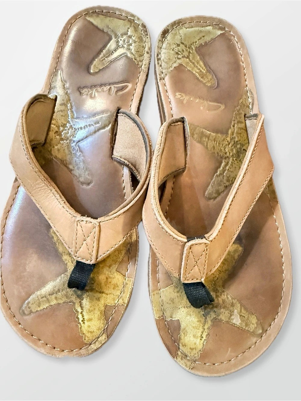 Clarks Starfish Leather Flip Flops Brown & Gold US 9M